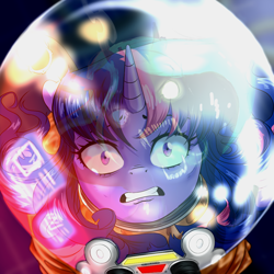 Size: 1080x1080 | Tagged: safe, artist:gloomydinosaur, derpibooru import, queen chrysalis, twilight sparkle, changeling, changeling queen, pony, astronaut, fangs, glowing, glowing eyes, looking at you, reflection, scared, space, spacesuit