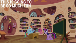 Size: 2000x1125 | Tagged: safe, derpibooru import, edit, edited screencap, editor:quoterific, screencap, rainbow dash, twilight sparkle, twilight sparkle (alicorn), alicorn, testing testing 1-2-3, chalkboard, golden oaks library, magic, spread wings, telekinesis, wings