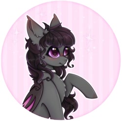 Size: 736x730 | Tagged: safe, artist:saltyvity, derpibooru import, oc, bat pony, pony, bat pony oc, bat wings, big eyes, black hair, blushing, choker, cute, ear fluff, ears, embarrassed, fluffy, pink background, pink eyes, simple background, solo, sparkles, wings