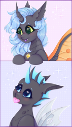 Size: 1700x3000 | Tagged: safe, artist:saltyvity, derpibooru import, oc, changeling, pony, big eyes, blue background, blue eyes, blue hair, blushing, changeling oc, cute, cuteling, ear fluff, ears, embarrassed, february, gray, green eyes, happy, heart, horn, licking, licking lips, love, lovely, orange wings, pink background, simple background, smiley face, sparkles, tongue, tongue out, wings