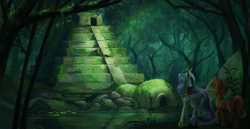 Size: 2100x1080 | Tagged: safe, artist:camyllea, derpibooru import, princess celestia, oc, oc:dreamwalker, pony, jungle, lilypad, pyramid, tree, water