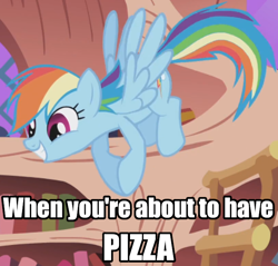 Size: 686x657 | Tagged: safe, derpibooru import, screencap, rainbow dash, pegasus, pony, season 1, the ticket master, caption, female, food, golden oaks library, hooves, hooves together, image macro, mare, meme, pizza, solo, text, that pony sure does love pizza