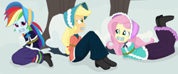 Size: 3500x1450 | Tagged: safe, artist:splendidbondage, derpibooru import, applejack, fluttershy, rainbow dash, equestria girls, caroling, clothes, dress, gag, long dress, long skirt, skirt, tape, tape gag, tied up, victorian, victorian dress