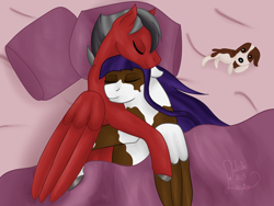 Size: 4000x3000 | Tagged: safe, artist:loopina, derpibooru import, pegasus, bed, bedroom, commission, couple, cute, hug, love, male, plushie, ponysona : lucky lunge, ponysona: ramoloosk, stallion