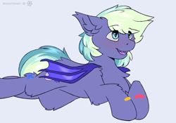 Size: 2000x1400 | Tagged: safe, artist:snowstormbat, derpibooru import, oc, oc only, oc:murphy, bat pony, pony, bandaid, bat pony oc, bat wings, blushing, chest fluff, cute, ear fluff, ears, fangs, fluffy, folded wings, gift art, leg fluff, looking away, looking up, lying down, open mouth, pony oc, prone, solo, wings