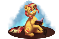 Size: 3000x2000 | Tagged: safe, artist:jazzwolfblaze, derpibooru import, sunset shimmer, pony, unicorn, equestria girls, book, eyebrows, eyelashes, female, fluffy, green eyes, horn, looking at you, no pupils, nostrils, simple background, sitting, snout, solo, tail, transparent background, two toned hair, two toned tail, unicorn horn