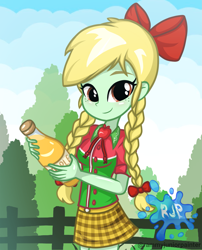 Size: 2015x2490 | Tagged: safe, artist:rjp.rammy, derpibooru import, oc, oc only, oc:apple tree, equestria girls, bow, braid, cider, female, fence, hair bow, solo