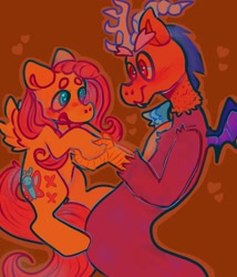 Size: 2151x2518 | Tagged: safe, artist:aoi2ruby, derpibooru import, discord, fluttershy, butterfly, draconequus, pegasus, alternate cutie mark, antlers, blushing, colorful, discoshy, female, holding hands, horn, interspecies, looking at each other, looking at someone, male, mare, shipping, straight