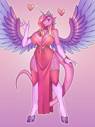 Size: 3000x4000 | Tagged: safe, artist:nauth, derpibooru import, oc, oc:mi amore serena, alicorn, anthro, dracony, dragon, hybrid, big breasts, breasts, celestia's dragon breeding program, clothes, commission, dress, female, gradient background, hatching, interspecies offspring, offspring, parent:princess cadance, parent:spike, parents:spikedance, pinup, solo