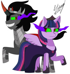 Size: 1280x1364 | Tagged: safe, artist:denisseguadiana, derpibooru import, king sombra, twilight sparkle, alicorn, pony, unicorn, bevor, boots, clothes, corrupted, corrupted twilight sparkle, crown, dress, duo, duo male and female, fangs, female, helmet, inspired by another artist, jewelry, male, male and female, queen twilight, queen twilight sparkle, regalia, shipping, shoes, simple background, sombra's cape, sombra's robe, straight, tiara, twibra, white background