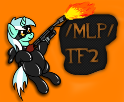 Size: 1082x891 | Tagged: artist needed, safe, derpibooru import, lyra heartstrings, /mlp/ tf2 general, fire, flamethrower, goggles, orange background, pyro, rubber suit, simple background, solo, team fortress 2, text, weapon