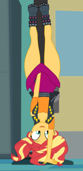 Size: 1900x3902 | Tagged: safe, artist:gmaplay, derpibooru import, sunset shimmer, human, equestria girls, chisato challenge, clothes, denied, gravity, handstand, open mouth, open smile, skirt, skirt pull, smiling, solo, upside down