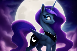 Size: 1920x1280 | Tagged: safe, derpibooru exclusive, derpibooru import, editor:dovakkins, generator:stable diffusion, machine learning generated, princess luna, alicorn, pony, cloud, cloudy, cute, ethereal mane, ethereal tail, female, galaxy mane, missing accessory, moon, night, night sky, peytral, sky, smiling, solo, tail, wings