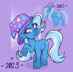 Size: 2048x2034 | Tagged: safe, artist:fluffi_mcmutt, derpibooru import, trixie, pony, unicorn, clothes, female, gradient background, hat, looking at you, mare, raised hoof, raised leg, redraw, solo, trixie's hat