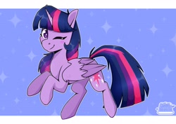Size: 4093x2894 | Tagged: safe, artist:jellysketch, derpibooru import, twilight sparkle, twilight sparkle (alicorn), alicorn, pony, female, looking at you, mare, one eye closed, solo, sparkles, wink, winking at you