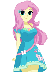 Size: 1354x1760 | Tagged: safe, artist:rosemile mulberry, derpibooru import, fluttershy, human, equestria girls, equestria girls series, breasts, clothes, dress, female, fluttershy boho dress, geode of fauna, legs together, magical geodes, simple background, solo, white background