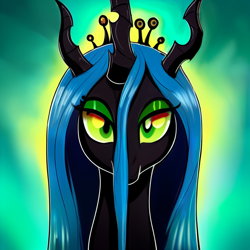 Size: 1024x1024 | Tagged: safe, derpibooru import, editor:siber, generator:purplesmart.ai, generator:stable diffusion, machine learning generated, queen chrysalis, changeling, changeling queen, looking at you, simple background, solo