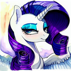 Size: 1024x1024 | Tagged: safe, derpibooru import, editor:siber, generator:purplesmart.ai, generator:stable diffusion, machine learning generated, rarity, alicorn, pony, alicornified, female, lidded eyes, looking at you, mare, race swap, raricorn, solo