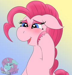 Size: 1150x1200 | Tagged: safe, artist:gray star, derpibooru import, pinkie pie, earth pony, pony, blushing, gradient background, heart, heart eyes, hoof on cheek, open mouth, open smile, smiling, unshorn fetlocks, wingding eyes