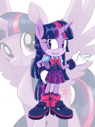 Size: 774x1032 | Tagged: safe, artist:kanayanga, derpibooru import, part of a set, twilight sparkle, twilight sparkle (alicorn), alicorn, anthro, grin, hand on hip, looking at you, mobian, smiling, smiling at you, sonic the hedgehog (series), sonicified