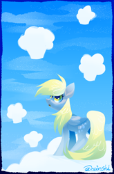 Size: 4000x6061 | Tagged: safe, artist:neonishe, derpibooru import, derpy hooves, pegasus, pony, cloud, cute, on a cloud, simple background, solo, standing on a cloud