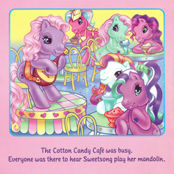 Size: 2350x2350 | Tagged: safe, artist:lyn fletcher, derpibooru import, cotton candy (g3), minty, skywishes, sunny daze (g3), toola roola, earth pony, pony, g3, female, food, group, hoof hold, ice cream, mandolin, mare, milkshake, musical instrument, playing instrument, pony pop stars, scan, sextet, sitting, sweetsong
