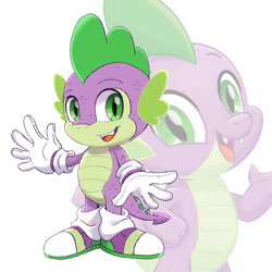 Size: 894x894 | Tagged: safe, artist:kanayanga, derpibooru import, part of a set, spike, anthro, dragon, mobian, open mouth, sonic the hedgehog (series), sonicified, waving, waving at you