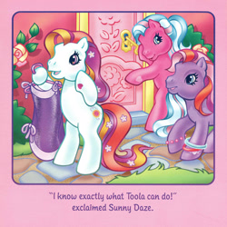 Size: 2350x2350 | Tagged: safe, artist:lyn fletcher, derpibooru import, cotton candy (g3), sunny daze (g3), twinkle twirl, earth pony, pony, g3, bipedal, dialogue, female, hoof hold, mare, pony pop stars, scan, trio