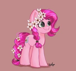 Size: 1641x1538 | Tagged: safe, artist:indigohatetrain, derpibooru import, gloriosa daisy, earth pony, pony, braid, equestria girls ponified, female, floral head wreath, flower, flower in tail, mare, pink background, ponified, simple background, solo, species swap, tail