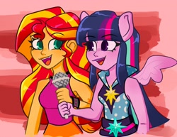 Size: 2048x1579 | Tagged: safe, artist:indigohatetrain, derpibooru import, sunset shimmer, twilight sparkle, equestria girls, rainbow rocks, bare shoulders, duo, duo female, female, ponied up, scene interpretation, sleeveless