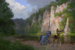 Size: 2232x1500 | Tagged: safe, artist:koviry, derpibooru import, oc, oc only, oc:silver lightning, sergeant reckless, earth pony, pegasus, pony, cliff, commission, forest, ponified, scenery, species swap, water
