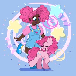 Size: 2048x2048 | Tagged: safe, artist:indigohatetrain, derpibooru import, pinkie pie, earth pony, human, pony, clothes, cute, dark skin, diapinkes, duo, eyes closed, female, happy, human ponidox, humanized, mare, open mouth, open smile, overalls, pinkie puffs, self paradox, self ponidox, smiling