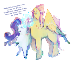 Size: 1361x1200 | Tagged: safe, artist:nekoboygandalf, derpibooru import, fluttershy, rarity, pegasus, pony, unicorn, dialogue, duo, female, glowing, glowing horn, height difference, horn, magic, mare, simple background, tallershy, telekinesis, text, white background