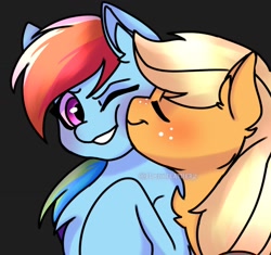 Size: 1308x1227 | Tagged: safe, artist:bloodyfeatherz, derpibooru import, applejack, rainbow dash, earth pony, pegasus, pony, appledash, black background, chest fluff, duo, eyes closed, female, lesbian, nuzzling, shipping, simple background, smiling