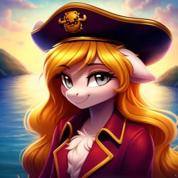 Size: 2048x2048 | Tagged: safe, derpibooru import, generator:purplesmart.ai, generator:stable diffusion, machine learning generated, oc, oc:sophie hoofington, anthro, earth pony, anthro oc, apricote coat, blonde, blonde hair, chest fluff, clothes, cute, female, gray eyes, hat, mare, pirate, pirate hat, smiling, solo