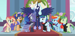 Size: 5586x2702 | Tagged: safe, artist:pastelnightyt, derpibooru import, princess luna, oc, oc:blaze (pastelnightyt), oc:moonlight lullaby, oc:prism bolt (pastelnightyt), oc:rainbow storm, oc:sunfire, oc:super nova, alicorn, dracony, hybrid, pegasus, pony, base used, clothes, dress, female, interspecies offspring, male, mare, oc x oc, offspring, offspring shipping, parent:flash sentry, parent:rarity, parent:spike, parent:twilight sparkle, parents:flashlight, parents:sparity, shipping, stallion, straight