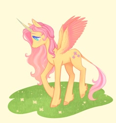 Size: 1210x1280 | Tagged: safe, artist:quartzbunny, derpibooru import, fluttershy, alicorn, pony, alicornified, female, flower, fluttercorn, grass, leonine tail, mare, profile, race swap, side view, simple background, solo, spread wings, tail, wings, yellow background