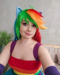 Size: 1080x1350 | Tagged: safe, artist:seabeersky, derpibooru import, rainbow dash, human, breasts, cleavage, clothes, cosplay, costume, dress, fall formal outfits, irl, irl human, photo, selfie, sleeveless, smiling, solo