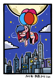 Size: 2480x3508 | Tagged: safe, artist:飘菌碍函数, derpibooru import, pinkie pie, earth pony, pony, balloon, clothes, female, flying, glasses, hat, mare, moon, night, pinkamena diane pie, scarf, skyscraper