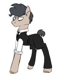 Size: 900x1200 | Tagged: safe, artist:fuckomcfuck, derpibooru import, oc, oc only, oc:golden touch, earth pony, pony, bags under eyes, clothes, eye scar, facial scar, fortnite, midas, necktie, ponified, rolled up sleeves, scar, simple background, solo, species swap, suit, white background