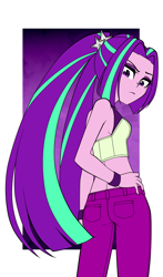 Size: 1000x1700 | Tagged: safe, artist:nekojackun, derpibooru import, aria blaze, human, equestria girls, abstract background, accessories, adorasexy, aria flat, ariabetes, arse-ia blaze, bracelet, breasts, clothes, cute, delicious flat chest, denim, eyelashes, eyeshadow, frown, hair tie, hairtie, hand on hip, jeans, jewelry, looking at you, looking back, looking down, low angle, makeup, midriff, pants, pigtails, rear view, sexy, short shirt, sideboob, sleeveless, small breasts, solo, tsundaria, tsundere, twintails, unamused