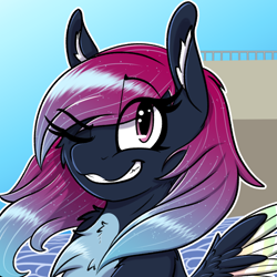 Size: 1000x1000 | Tagged: safe, artist:aryn, derpibooru import, oc, oc:astral empyrean, pegasus, pony, bust, colored wings, female, gradient mane, gradient wings, looking at you, mare, one eye closed, pegasus oc, portrait, smiling, solo, wings, wink, winking at you