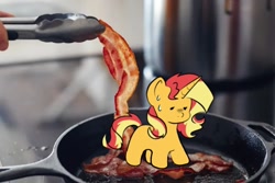 Size: 730x487 | Tagged: safe, artist:indigohatetrain, derpibooru import, edit, sunset shimmer, pony, unicorn, bacon, female, food, frying pan, irl, meat, photo, solo, sweat