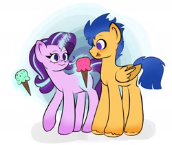 Size: 1668x1411 | Tagged: safe, artist:indigohatetrain, derpibooru import, flash sentry, starlight glimmer, pegasus, pony, unicorn, duo, female, food, ice cream, ice cream cone, male