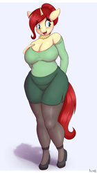 Size: 2808x5000 | Tagged: safe, artist:an-tonio, derpibooru import, oc, oc only, oc:golden brooch, anthro, unicorn, bare shoulders, big breasts, blushing, breasts, busty golden brooch, chubby, cleavage, clothes, female, horn, jewelry, lipstick, milf, mother, necklace, open mouth, open smile, pantyhose, red lipstick, shoulderless, skirt, smiling, solo