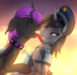 Size: 2069x2020 | Tagged: safe, artist:wolfmask, derpibooru import, oc, oc:howl, oc:tlas ii, changeling, pony, unicorn, changeling oc, drool, fangs, heart, horn, leash, licking, nipples, nudity, police, police officer, purple changeling, tongue, tongue out, unicorn oc