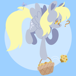 Size: 3000x3000 | Tagged: safe, artist:fizzlefer, derpibooru import, derpy hooves, pegasus, pony, basket, blue background, cute, derpabetes, female, flying, food, mare, muffin, question mark, simple background, solo