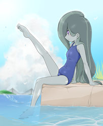 Size: 2251x2754 | Tagged: safe, artist:batipin, derpibooru import, marble pie, human, equestria girls, barefoot, beach, clothes, equestria girls-ified, feet, ocean, one-piece swimsuit, swimsuit, water