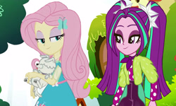 Size: 2500x1500 | Tagged: safe, artist:bigpurplemuppet99, derpibooru import, aria blaze, fluttershy, dog, equestria girls, ariashy, female, lesbian, shipping