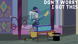 Size: 1920x1080 | Tagged: safe, derpibooru import, edit, edited screencap, editor:quoterific, screencap, spike, spike the regular dog, trixie, dog, human, better together, equestria girls, street magic with trixie, magician outfit, sword, weapon